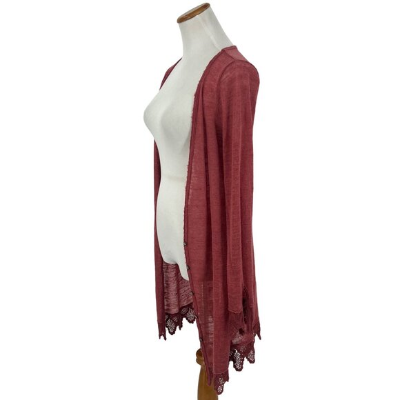 Vtg Y2K Free People Pink Lace Crochet Trim Knit Cardigan | Boho Coastal Grandma - Picture 6 of 16